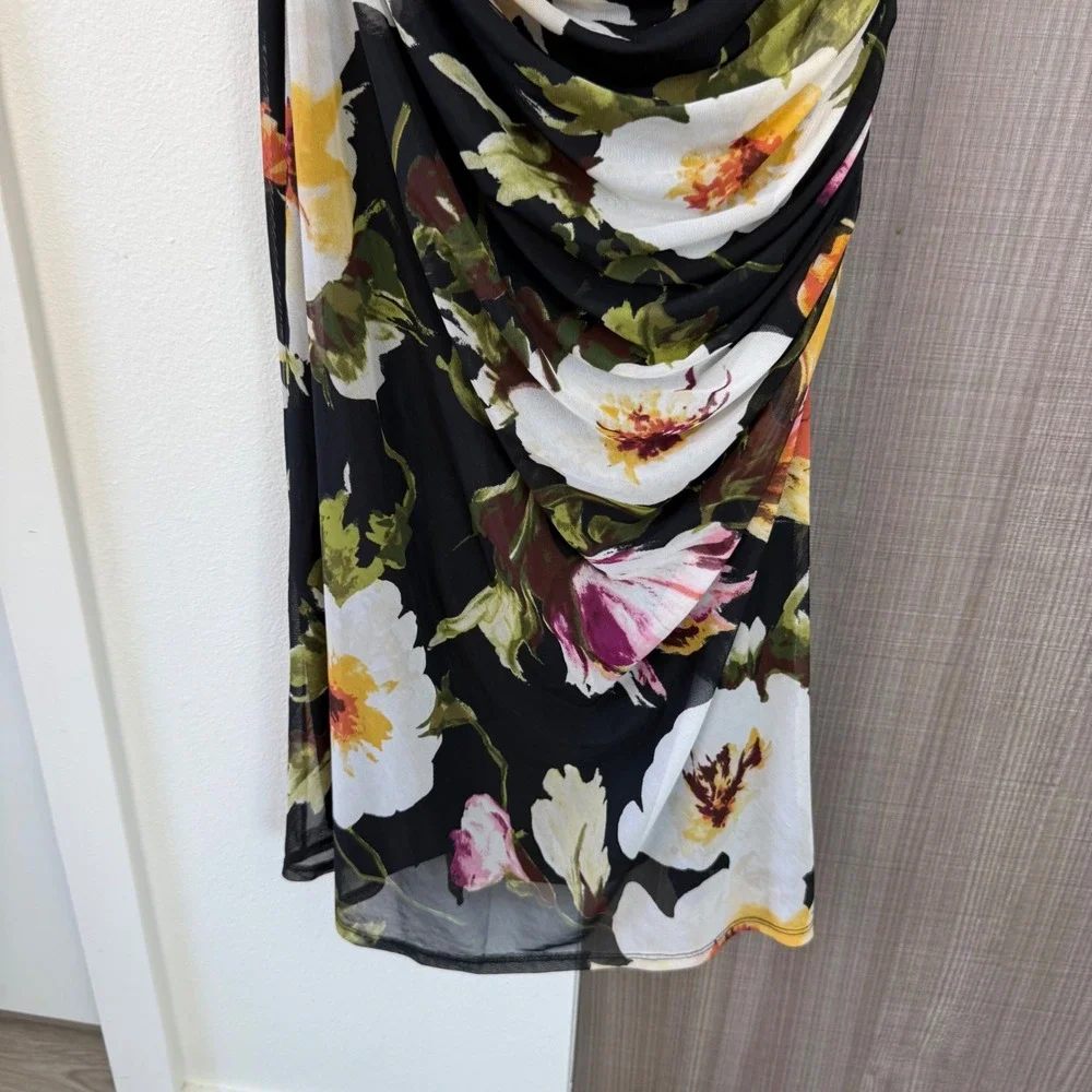 Abercrombie & Fitch Black Floral Mesh Off One Shoulder Ruched Maxi Dress Medium